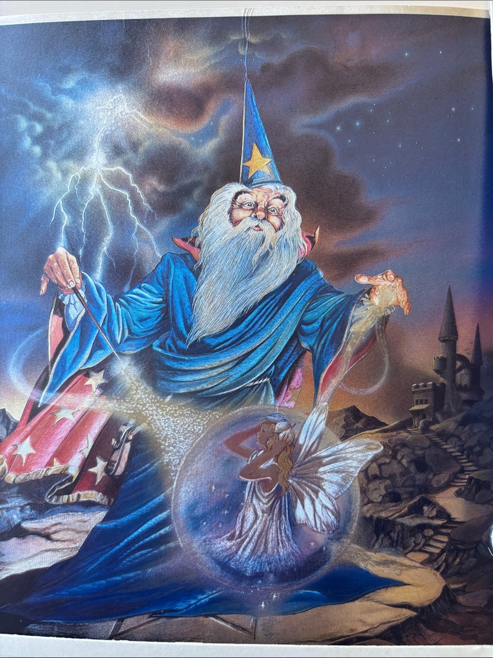 Mystical Wizard Wall Art Print – Blue and Silver Fantasy Illustration